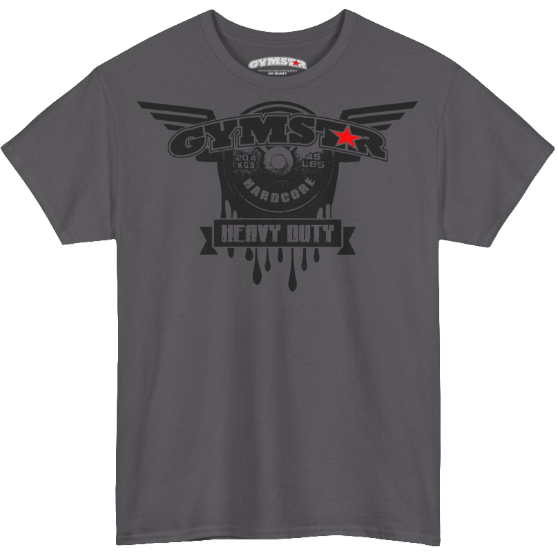 A sport grey Gymstar tee with a black graphic that reads 'Heavy Duty',  barbell and logo, presumably bodybulding or fitness. 
