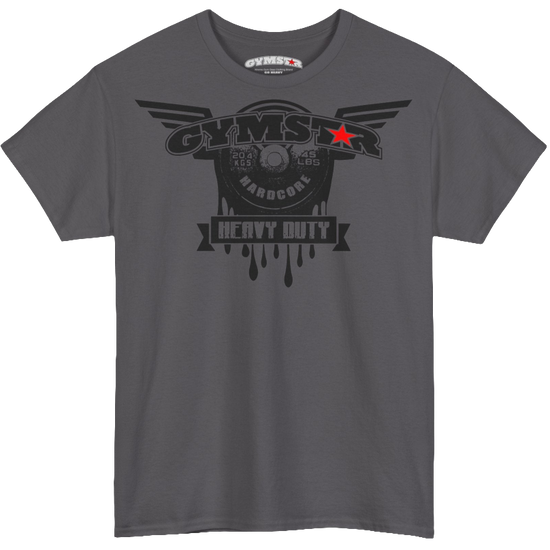 A sport grey Gymstar tee with a black graphic that reads 'Heavy Duty',  barbell and logo, presumably bodybulding or fitness. 