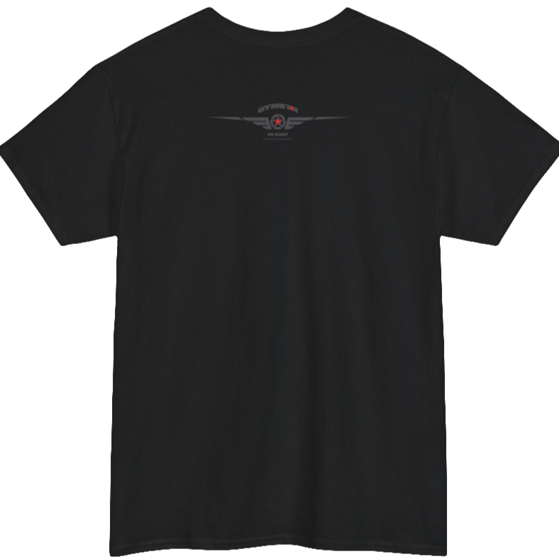 A black Gymstar training t-shirt with a black graphic that reads 'GYM i want you',   and logo, presumably bodybulding or fitness.  Rear view.