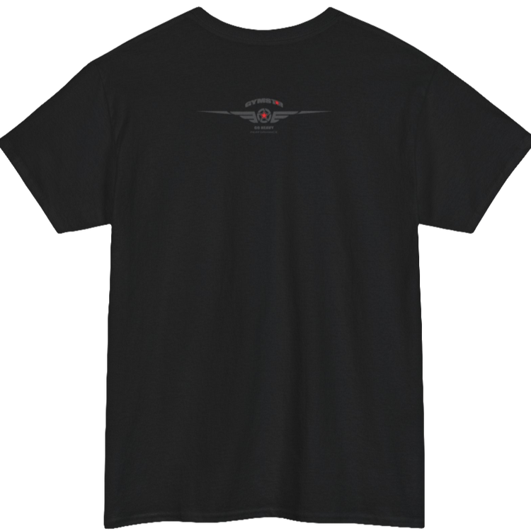A black Gymstar training t-shirt with a black graphic that reads 'GYM i want you',   and logo, presumably bodybulding or fitness.  Rear view.
