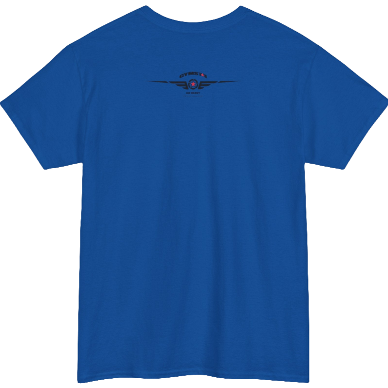 A blue Gymstar workout t-shirt with a black graphic that reads 'GYM i want you',   and logo, presumably bodybulding or fitness. Rear view.