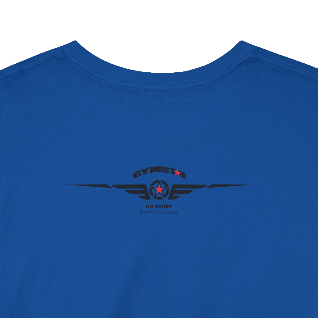 A blue Gymstar workout t-shirt with a black graphic that reads 'GYM i want you',   and logo, presumably bodybulding or fitness. Rear Logo Close up view.