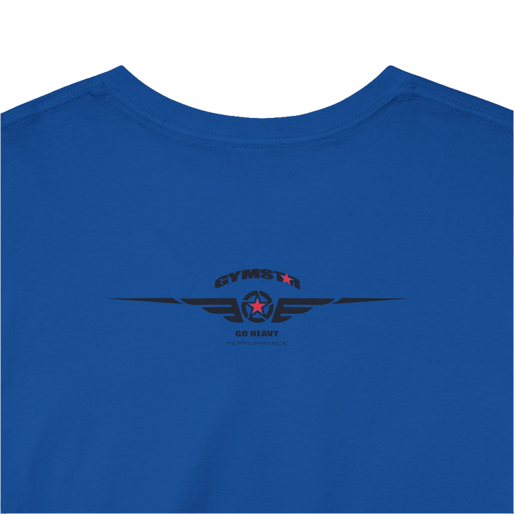 A blue Gymstar workout t-shirt with a black graphic that reads 'GYM i want you',   and logo, presumably bodybulding or fitness. Rear Logo Close up view.