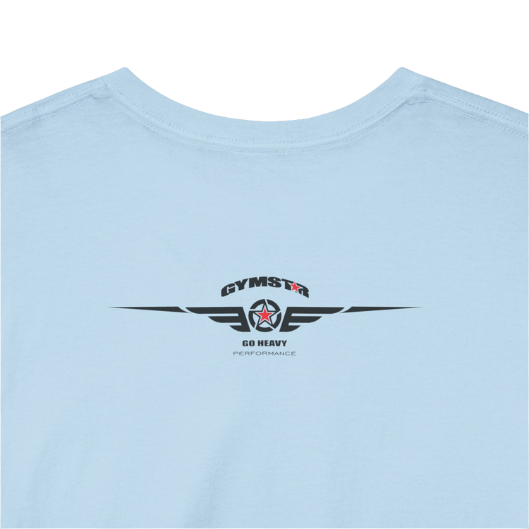 A light blue Gymstar workout t-shirt with a black graphic that reads 'GYM i want you',   and logo, presumably bodybulding or fitness.  Rear Logo Close up view.