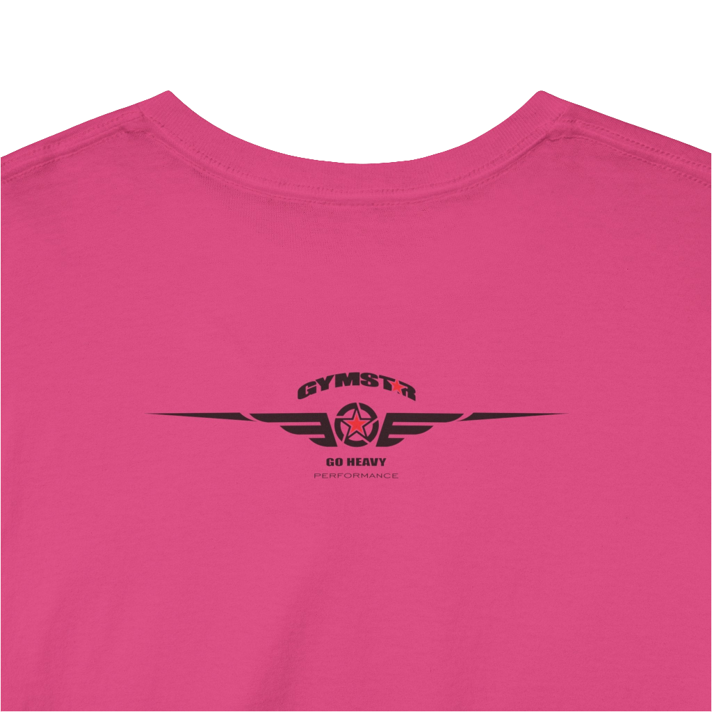 A purple Gymstar workout t-shirt with a black graphic that reads 'GYM i want you',   and logo, presumably bodybulding or fitness.  Rear Logo Close up view.