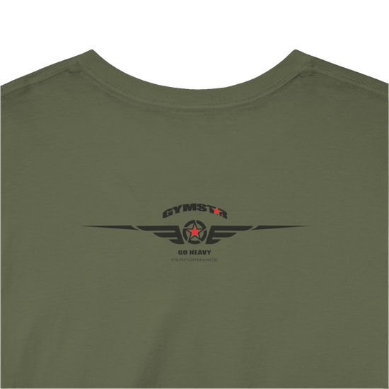 A military green Gymstar training t-shirt with a black graphic that reads 'GYM i want you',   and logo, presumably bodybulding or fitness. Close up logo rear view.