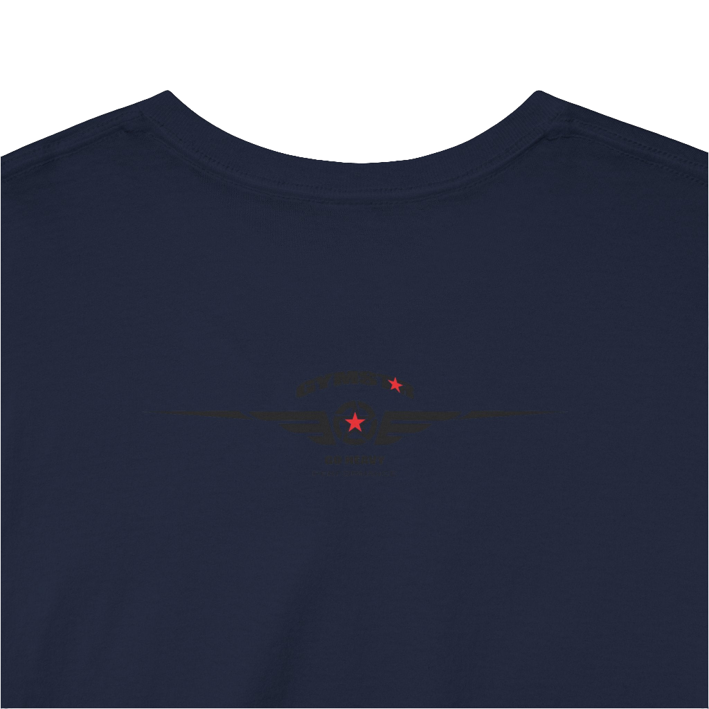 A navy blue Gymstar workout t-shirt with a black graphic that reads 'GYM i want you',   and logo, presumably bodybulding or fitness.  Rear Logo Close up view.