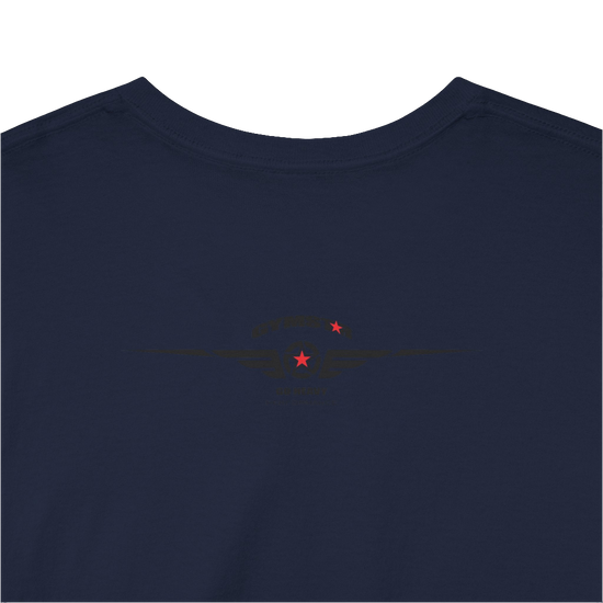 A navy blue Gymstar workout t-shirt with a black graphic that reads 'GYM i want you',   and logo, presumably bodybulding or fitness.  Rear Logo Close up view.