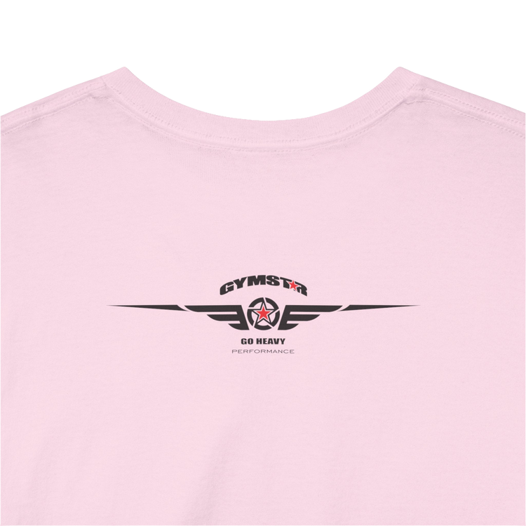 A pink Gymstar workout t-shirt with a black graphic that reads 'GYM i want you',   and logo, presumably bodybulding or fitness.  Rear Logo Close up view.