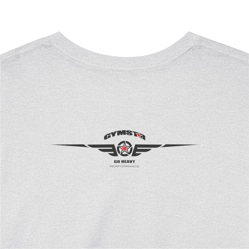 A silver grey Gymstar training t-shirt with a black graphic that reads 'GYM i want you',   and logo, presumably bodybulding or fitness. Close up logo rear view.