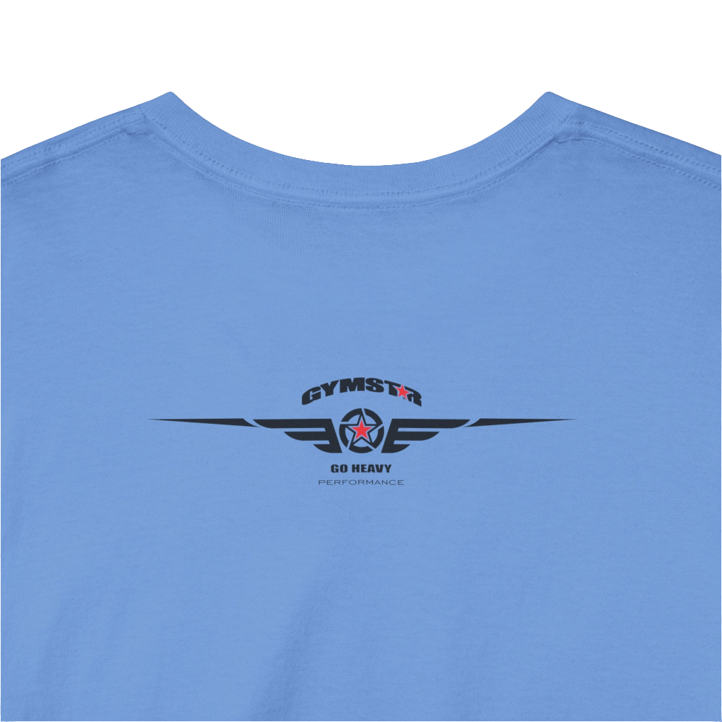 A Carolina blue Gymstar workout t-shirt with a black graphic that reads 'GYM i want you',   and logo, presumably bodybulding or fitness.  Rear Logo Close up view.