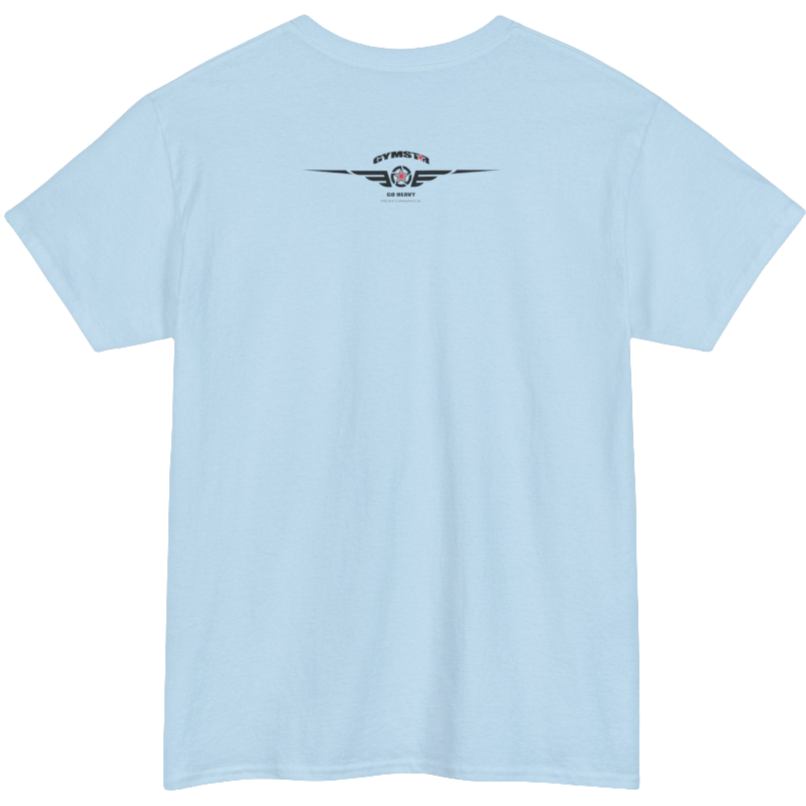 A light blue Gymstar workout t-shirt with a black graphic that reads 'GYM i want you',   and logo, presumably bodybulding or fitness.  Rear  view.