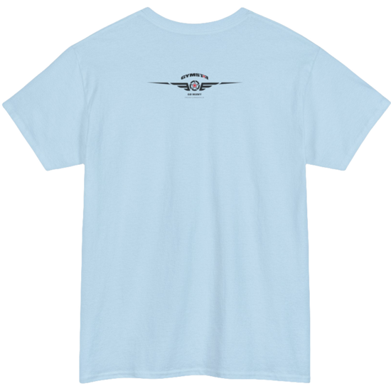 A light blue Gymstar workout t-shirt with a black graphic that reads 'GYM i want you',   and logo, presumably bodybulding or fitness.  Rear  view.