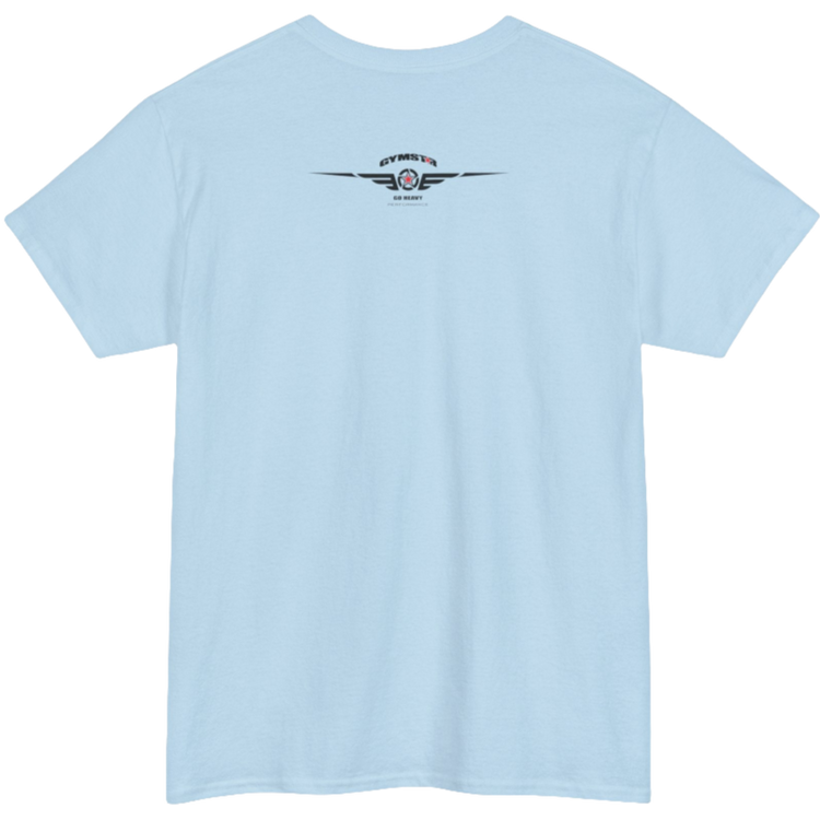 A light blue Gymstar workout t-shirt with a black graphic that reads 'GYM i want you',   and logo, presumably bodybulding or fitness.  Rear  view.