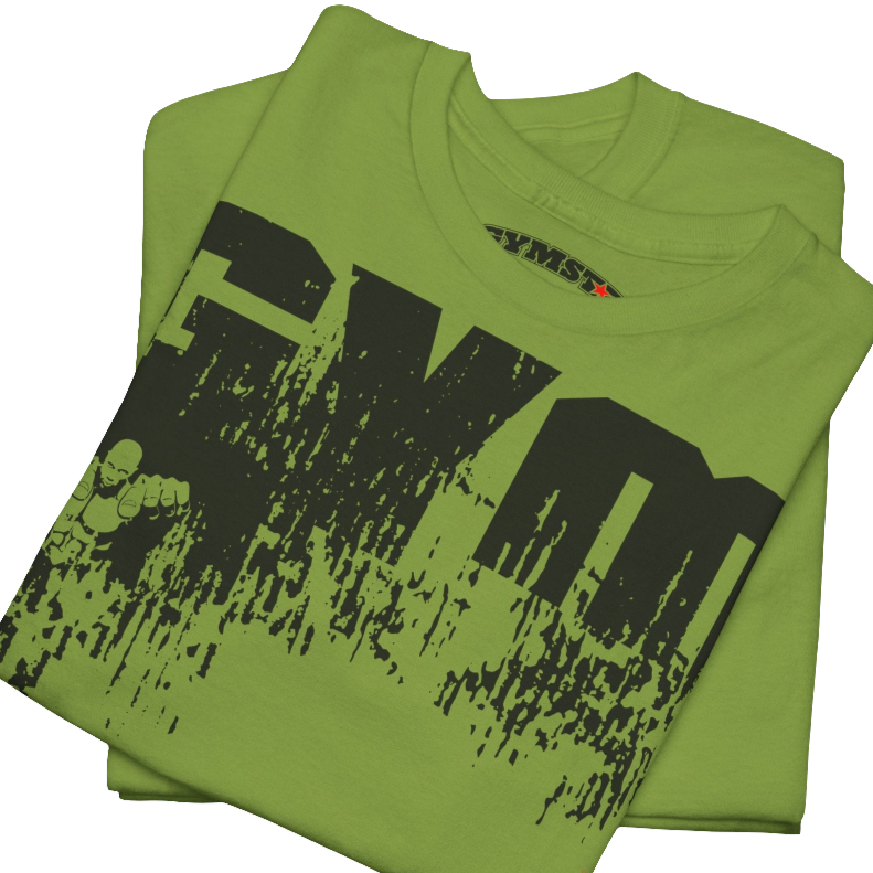 A kiwi Gymstar training t-shirt with a black graphic that reads 'GYM i want you',   and logo, presumably bodybulding or fitness. Close up front view.