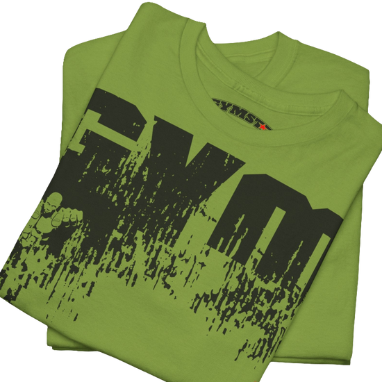 A kiwi Gymstar training t-shirt with a black graphic that reads 'GYM i want you',   and logo, presumably bodybulding or fitness. Close up front view.