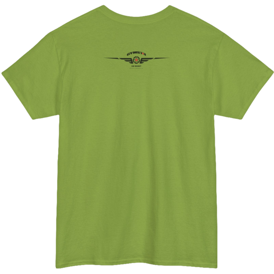 A kiwi Gymstar training t-shirt with a black graphic that reads 'GYM i want you',   and logo, presumably bodybulding or fitness. Close up logo rear view.