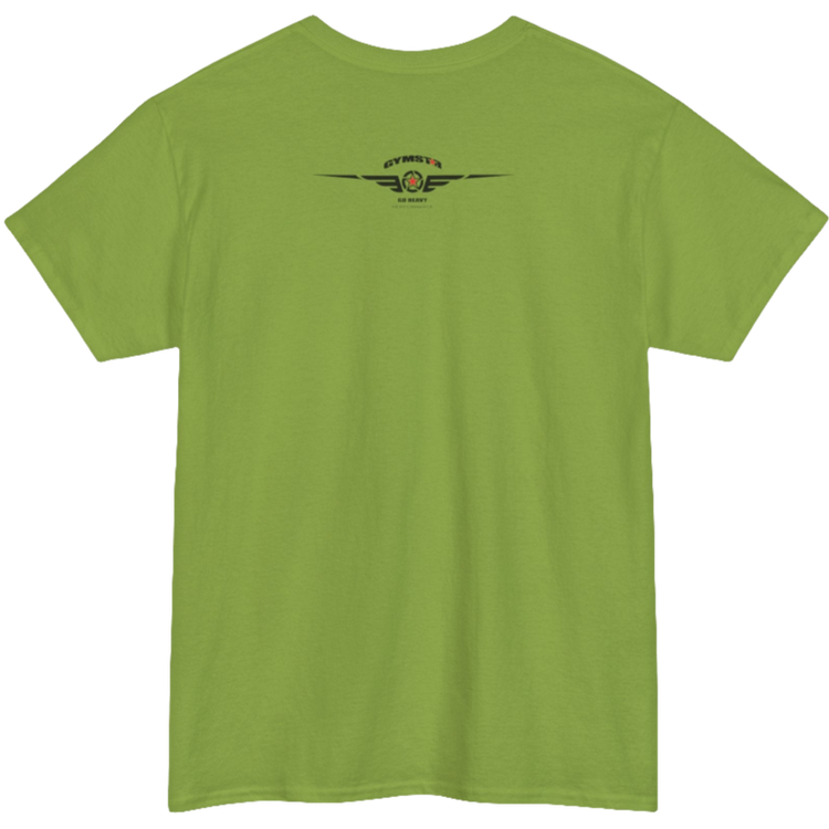 A kiwi Gymstar training t-shirt with a black graphic that reads 'GYM i want you',   and logo, presumably bodybulding or fitness. Close up logo rear view.