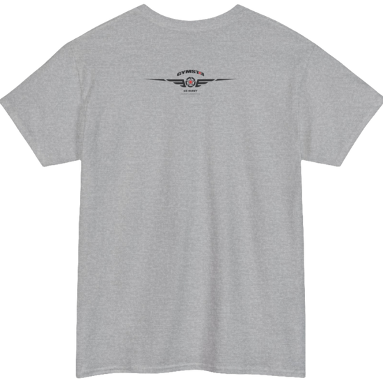 A silver grey Gymstar workout t-shirt with a black graphic that reads 'GYM i want you',   and logo, presumably bodybulding or fitness. Rear view.