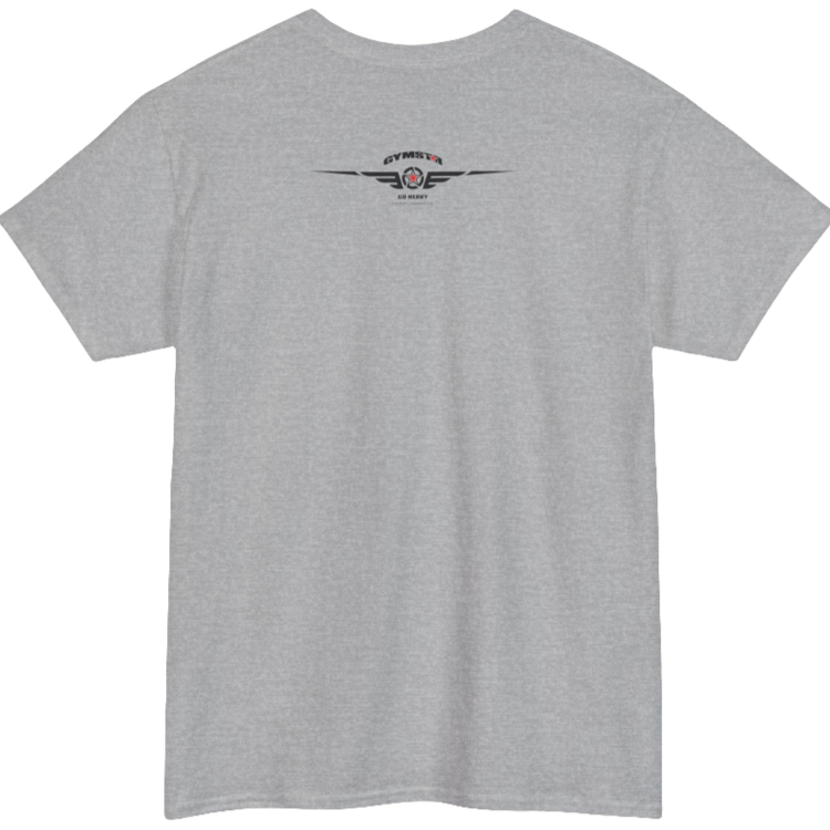 A silver grey Gymstar workout t-shirt with a black graphic that reads 'GYM i want you',   and logo, presumably bodybulding or fitness. Rear view.