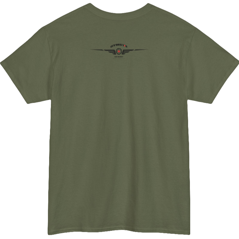 A military green Gymstar training t-shirt with a black graphic that reads 'GYM i want you',   and logo, presumably bodybulding or fitness. rear view.