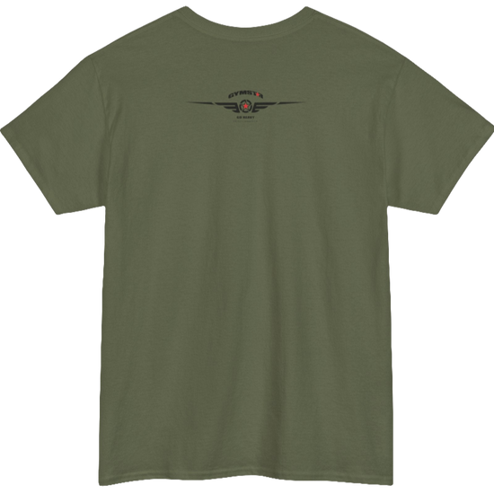 A military green Gymstar training t-shirt with a black graphic that reads 'GYM i want you',   and logo, presumably bodybulding or fitness. rear view.