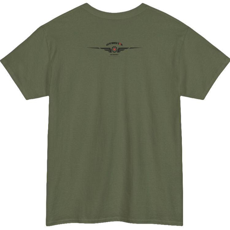 A military green Gymstar training t-shirt with a black graphic that reads 'GYM i want you',   and logo, presumably bodybulding or fitness. rear view.