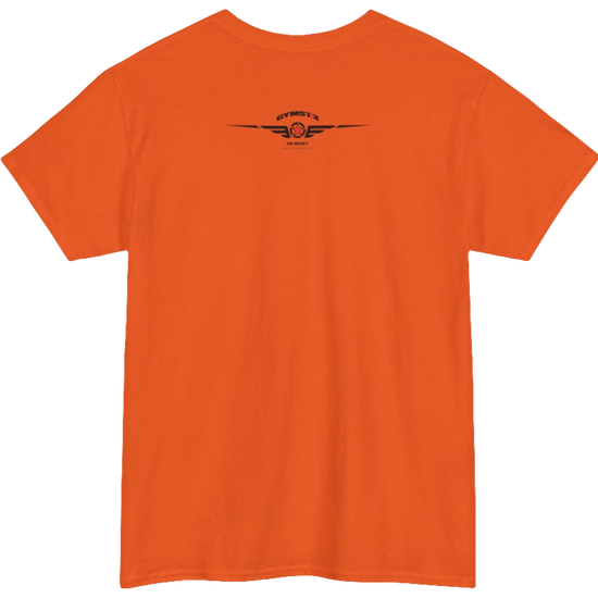 A orange Gymstar workout t-shirt with a black graphic that reads 'GYM i want you',   and logo, presumably bodybulding or fitness. Rear view.
