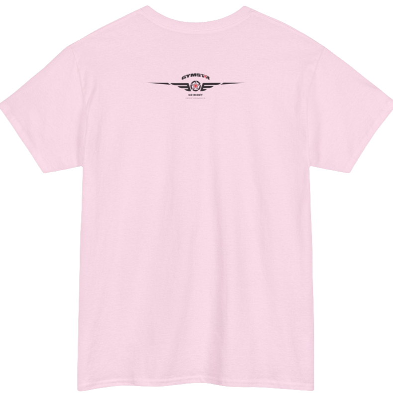 A pink Gymstar workout t-shirt with a black graphic that reads 'GYM i want you',   and logo, presumably bodybulding or fitness.  Rear view.
