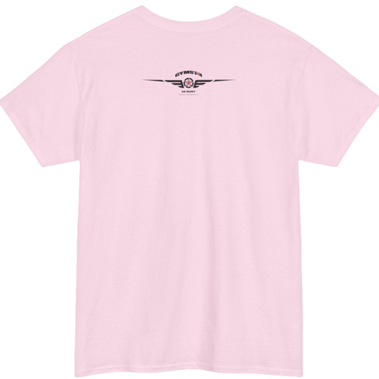 A pink Gymstar workout t-shirt with a black graphic that reads 'GYM i want you',   and logo, presumably bodybulding or fitness.  Rear view.