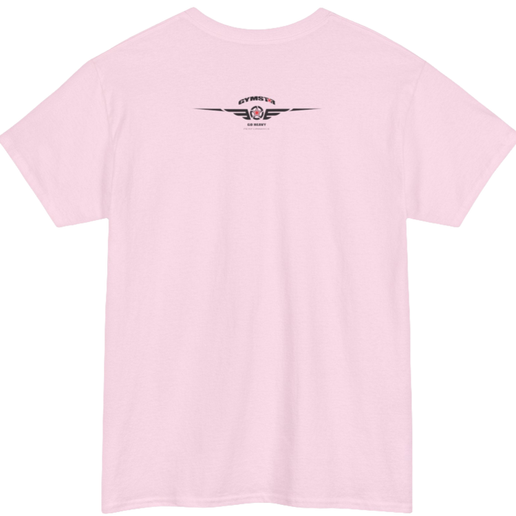 A pink Gymstar workout t-shirt with a black graphic that reads 'GYM i want you',   and logo, presumably bodybulding or fitness.  Rear view.