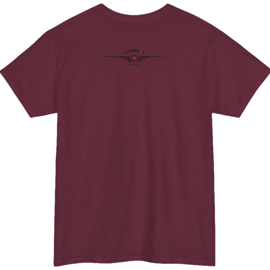 A ruby Gymstar workout t-shirt with a black graphic that reads 'GYM i want you',   and logo, presumably bodybulding or fitness.  Rear view.