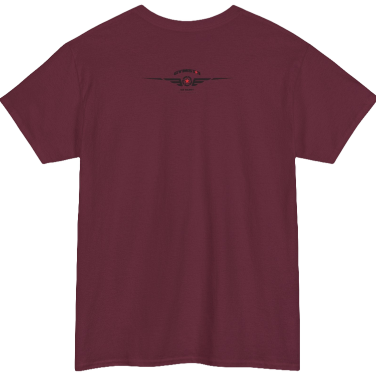 A ruby Gymstar workout t-shirt with a black graphic that reads 'GYM i want you',   and logo, presumably bodybulding or fitness.  Rear view.