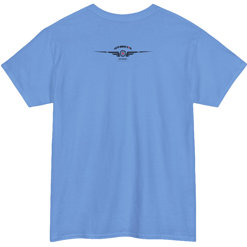 A Carolina blue Gymstar workout t-shirt with a black graphic that reads 'GYM i want you',   and logo, presumably bodybulding or fitness.  Rear view.