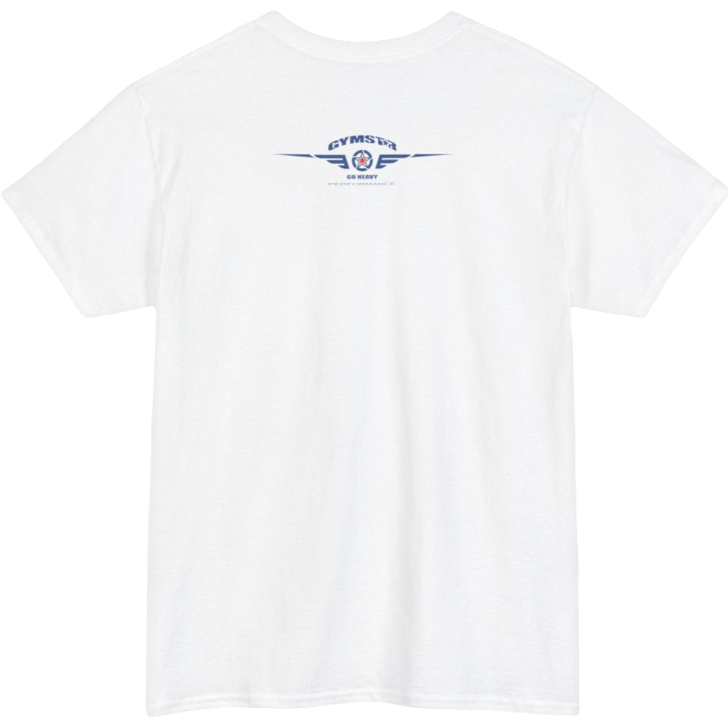 A white Gymstar workout t-shirt with a black graphic that reads 'GYM i want you',   and logo, presumably bodybulding or fitness. Front view.