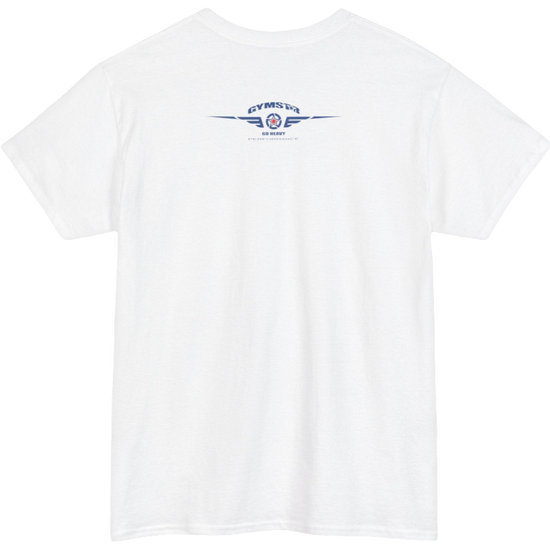 A white Gymstar workout t-shirt with a black graphic that reads 'GYM i want you',   and logo, presumably bodybulding or fitness. Front view.
