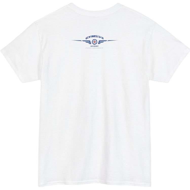A white Gymstar workout t-shirt with a black graphic that reads 'GYM i want you',   and logo, presumably bodybulding or fitness. Front view.