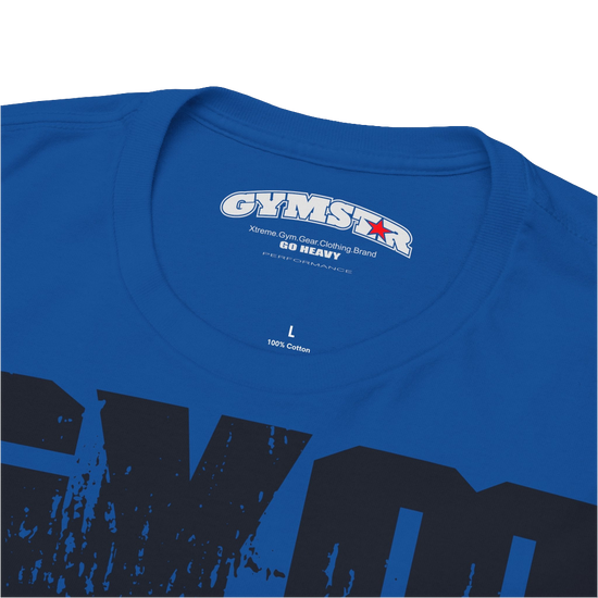A blue Gymstar workout t-shirt with a black graphic that reads 'GYM i want you',   and logo, presumably bodybulding or fitness. Front Logo Close up view.