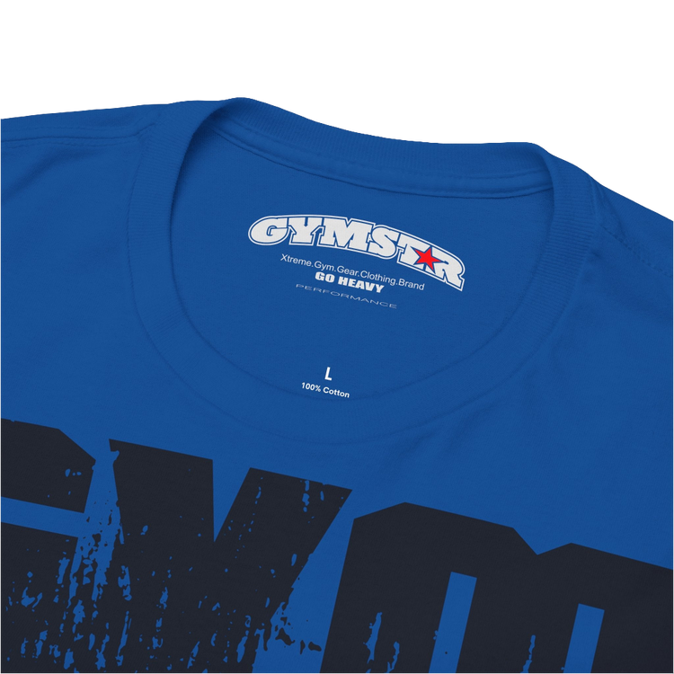 A blue Gymstar workout t-shirt with a black graphic that reads 'GYM i want you',   and logo, presumably bodybulding or fitness. Front Logo Close up view.