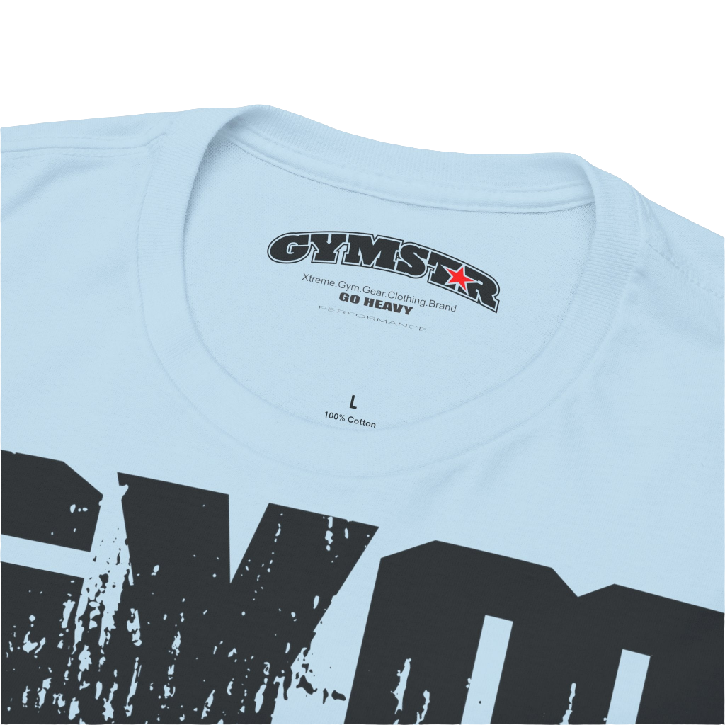 A light blue Gymstar workout t-shirt with a black graphic that reads 'GYM i want you',   and logo, presumably bodybulding or fitness. Logo Close up view.