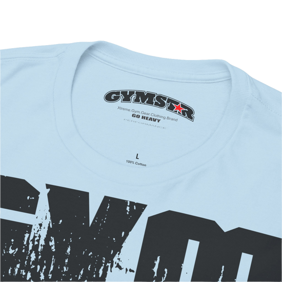 A light blue Gymstar workout t-shirt with a black graphic that reads 'GYM i want you',   and logo, presumably bodybulding or fitness. Logo Close up view.
