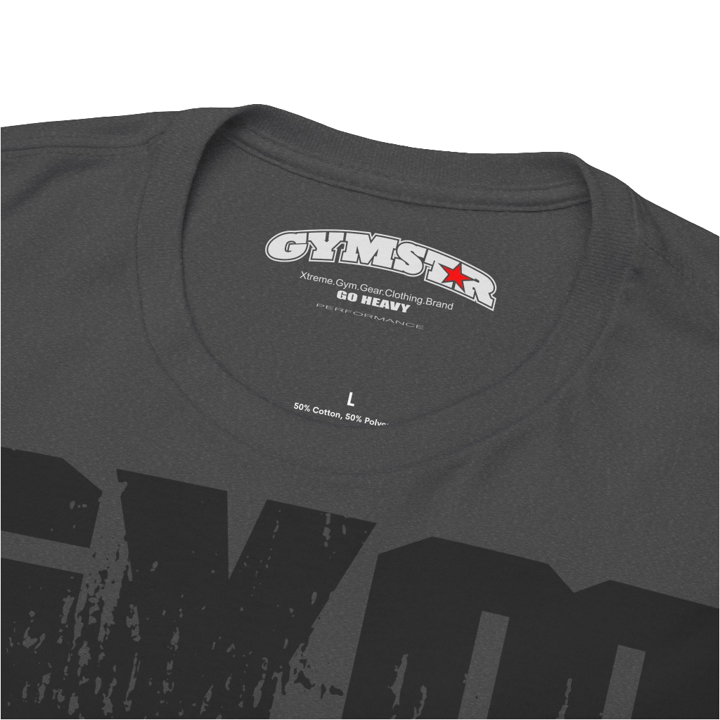 A grey Gymstar workout t-shirt with a black graphic that reads 'GYM i want you',   and logo, presumably bodybulding or fitness. Logo Close up view.
