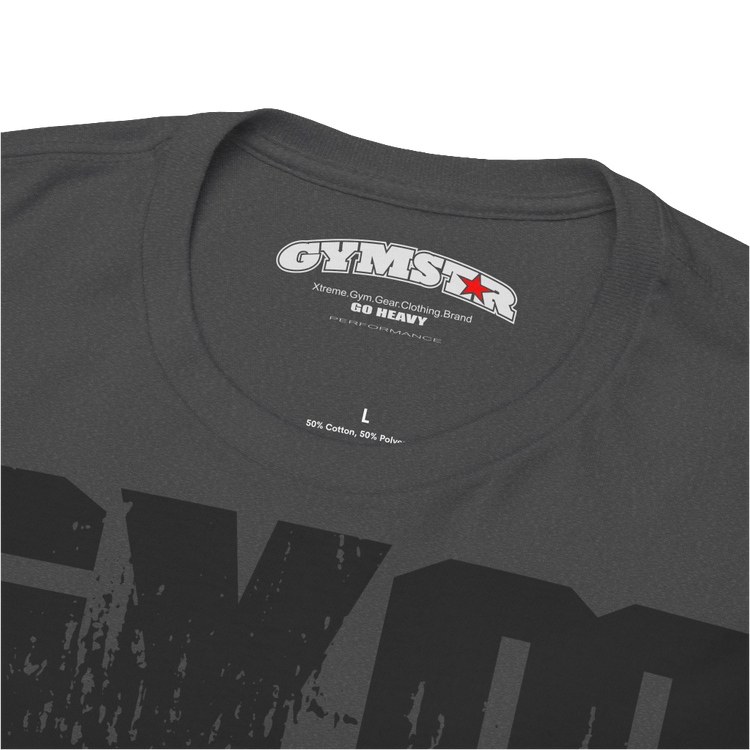 A grey Gymstar workout t-shirt with a black graphic that reads 'GYM i want you',   and logo, presumably bodybulding or fitness. Logo Close up view.