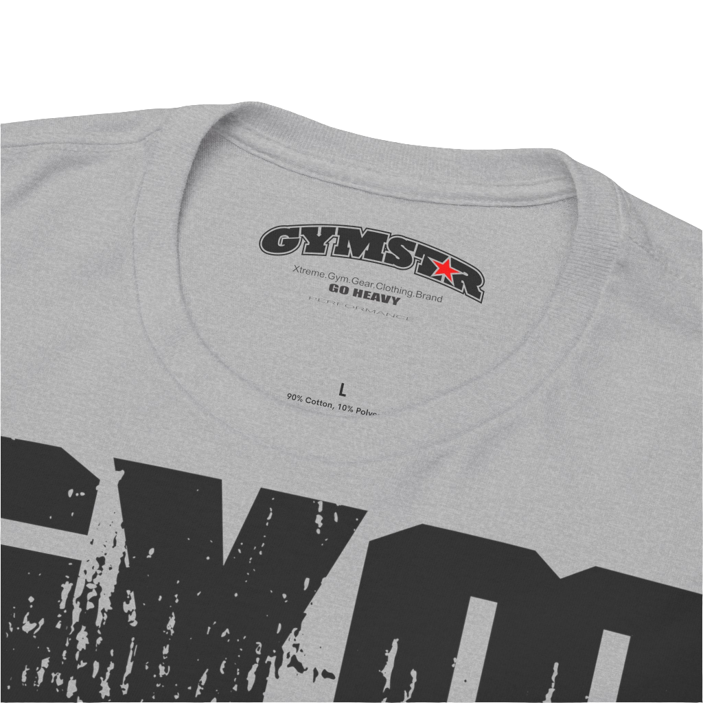 A silver grey Gymstar workout t-shirt with a black graphic that reads 'GYM i want you',   and logo, presumably bodybulding or fitness. Front Logo Close up view.