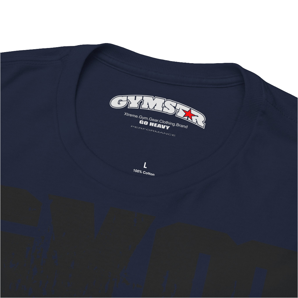 A navy blue Gymstar workout t-shirt with a black graphic that reads 'GYM i want you',   and logo, presumably bodybulding or fitness.  Logo Close up view.