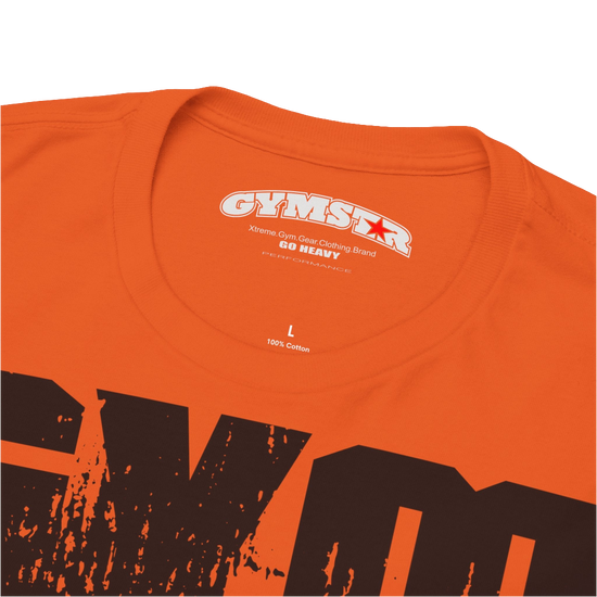 A orange Gymstar workout t-shirt with a black graphic that reads 'GYM i want you',   and logo, presumably bodybulding or fitness. Logo Close up view.