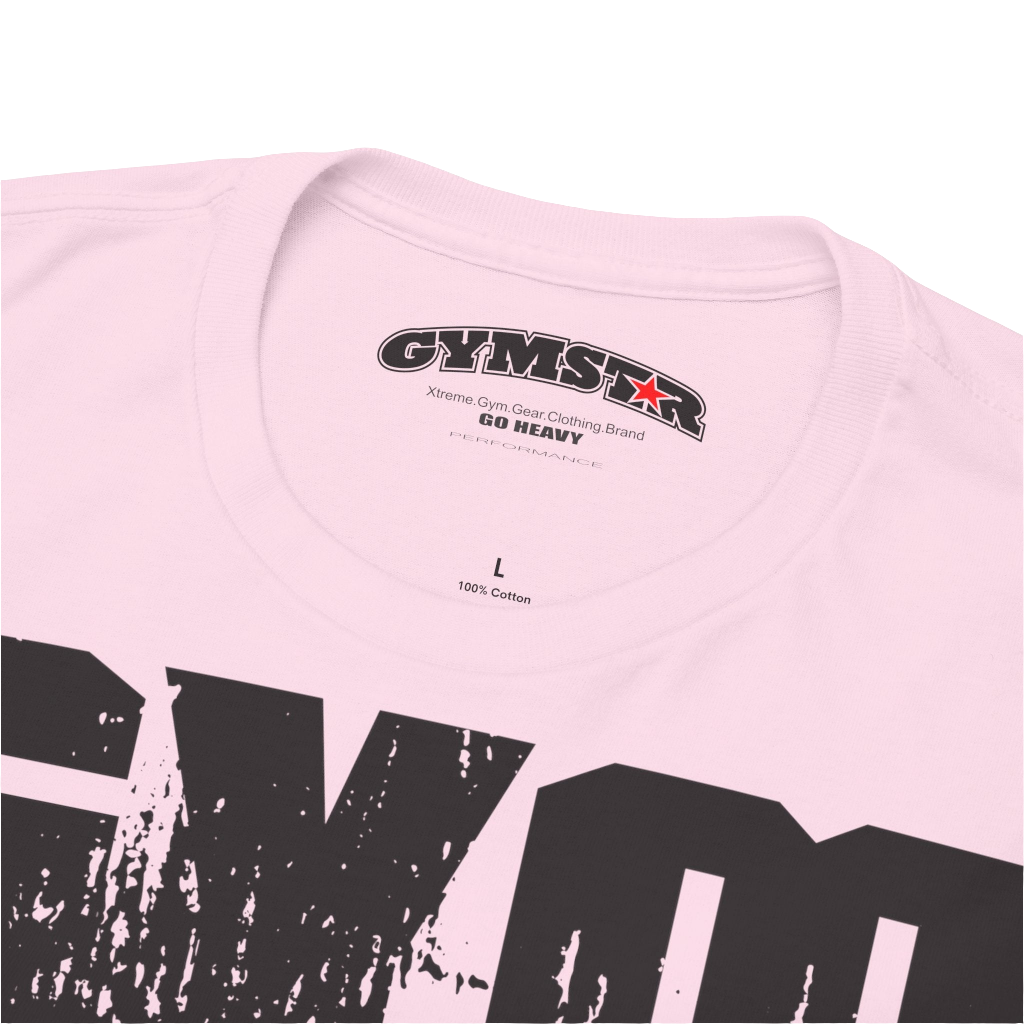 A pink Gymstar workout t-shirt with a black graphic that reads 'GYM i want you',   and logo, presumably bodybulding or fitness.  Logo Close up view.