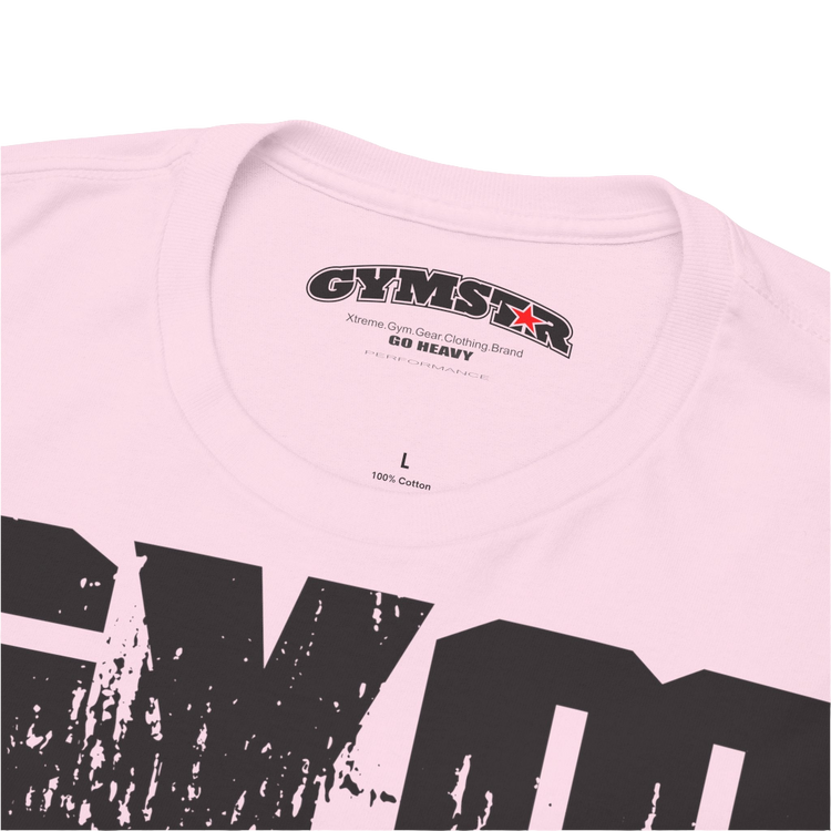 A pink Gymstar workout t-shirt with a black graphic that reads 'GYM i want you',   and logo, presumably bodybulding or fitness.  Logo Close up view.