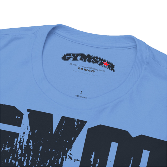 A Carolina blue Gymstar workout t-shirt with a black graphic that reads 'GYM i want you',   and logo, presumably bodybulding or fitness. Logo Close up view.