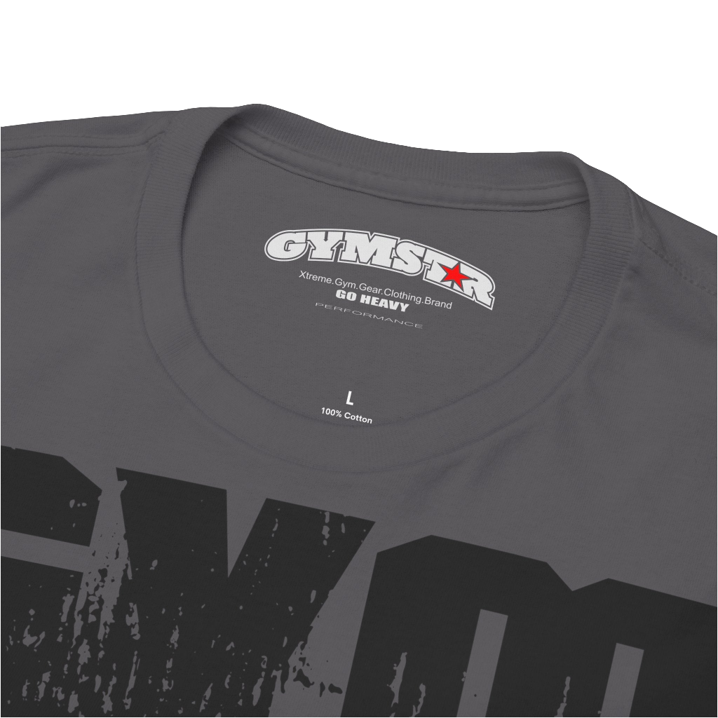 A sport grey Gymstar workout t-shirt with a black graphic that reads 'GYM i want you',   and logo, presumably bodybulding or fitness.  Logo Close up view.